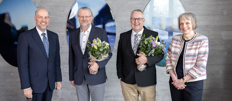 From left: Mikael Hannus, The Marcus Wallenberg Foundation, Herbert Sixta, Aalto University, Ilkka Kilpeläinen, University of Helsinki, and Johanna Buchert, The Marcus Wallenberg Foundation. 
Photo: Aalto University, Mikko Raskinen.